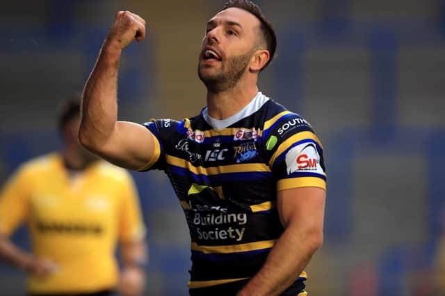 Leeds Rhinos' Luke Gale celebrates scoring against Salford. Picture: Mike Egerton/PA Wire.
