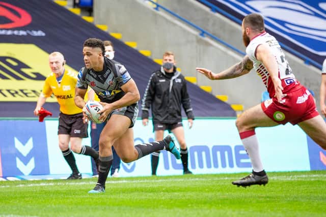 Castleford's Derrell Olpherts goes in for a try against Wigan. Picture: Isabel Pearce/SWpix.com.