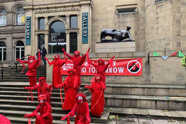 Protesters gathered outside Leeds Art Gallery