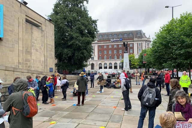 Protesters gathered outside Leeds Art Gallery