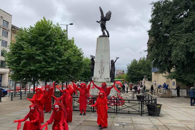 Protesters gathered outside Leeds Art Gallery
