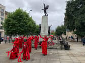 Protesters gathered outside Leeds Art Gallery