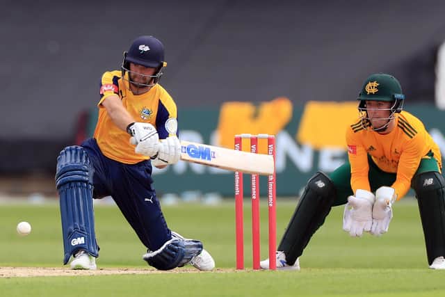 Yorkshire Vikings' Adam Lyth drags the ball through the leg side on his way to 53 against Notts Outlaws at Trent Bridge. Picture: Mike Egerton/PA
