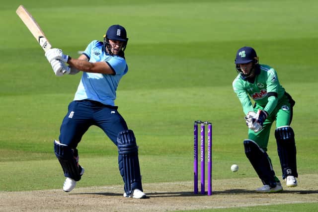 England's David Willey punches through the off side against Ireland at the Ageas Bowl. Picture: Mike Hewitt/NMC Pool/PA