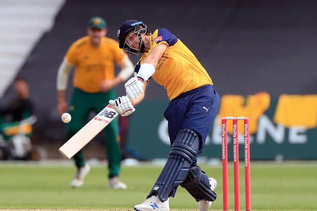 Yorkshire Vikings' Joe Root batting drives one over long on as he makes 65 against Notts Outlaws at Trent Bridge. Picture: Mike Egerton/PA