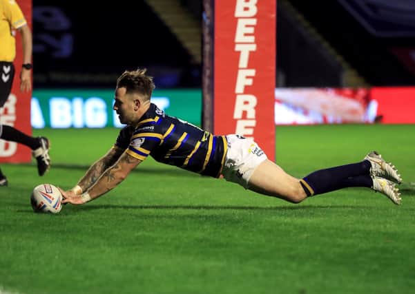 Leeds Rhinos half-back-turned-full-back Richie Myler touches down against Salford. Picture: Mike Egerton/PA Wire.