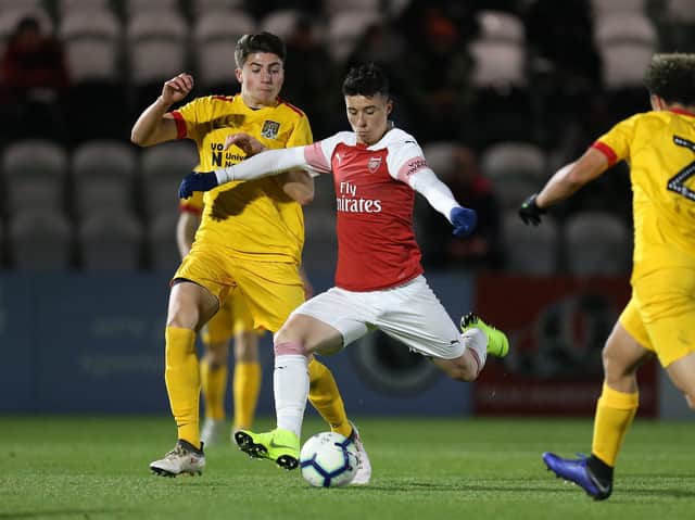 LEFT PEG - Leeds United new boy Sam Greenwood, shaping to shoot with his left here for Arsenal, hits set-pieces with both feet, plays golf right handed but writes with his left. Pic: Getty
