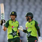 Double act: Pakistan's Haider Ali (left) celebrates his half-century on debut, while Mohammed Hafeez, right, hit 86 not out in the tourists' win. Picture: Mike Hewitt/PA Wire.