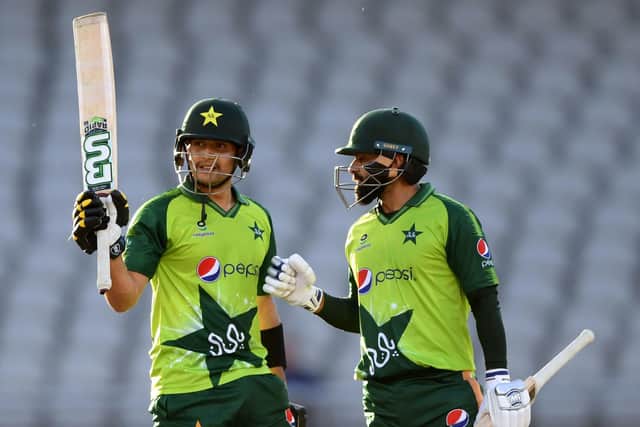 Double act: Pakistan's Haider Ali (left) celebrates his half-century on debut, while Mohammed Hafeez, right, hit 86 not out in the tourists' win. Picture: Mike Hewitt/PA Wire.