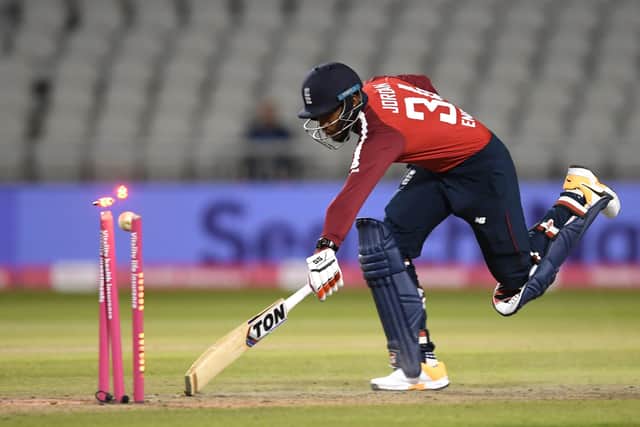 Run out: England's Chris Jordan is dismissed  by Pakistan's Wahab Riaz.