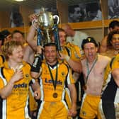 Leeds Tykes celebrate their Powergen Cup triumph in 2005.