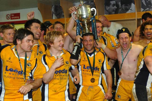 Leeds Tykes celebrate their Powergen Cup triumph in 2005.