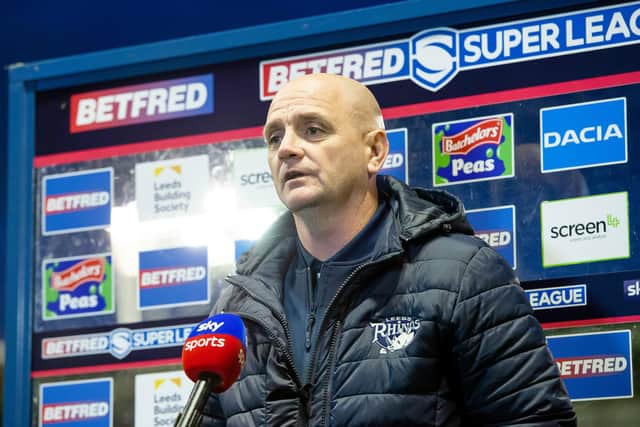 Leeds Rhinos head coach Richard Agar interviewed after the Salford game. Picture: Allan McKenzie/SWpix.com.