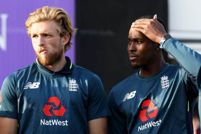 FROM ME TO YOU: David Willey,left, had to make way for pace bowler Jofra Archer, right, ahead of last year's World Cup, which England went on to win in a memorable final against New Zealand at Lord's. Picture: Alex Davidson/Getty Images.