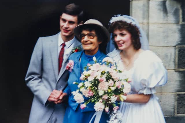 Charlotte's  parents Diane and Francis Naylor pictured on their wedding day with Diane's grandmother Ruby Turpin on her 77th birthday.
