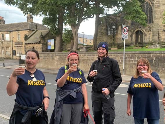 From left to right: Debbie Fawthorp, 40, Ella Baxter, 42, Sam Waterman, 20 and Sharon Ratcliffe, 50 with Oz the dog after their ASVED 22 walk challenge.