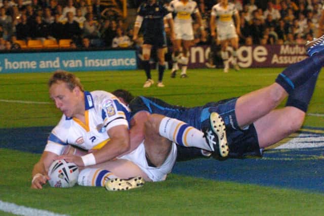 Carl Ablett touches down for Leeds Rhinos against Hull FC on this day in 2007. Picture: Steve Riding.