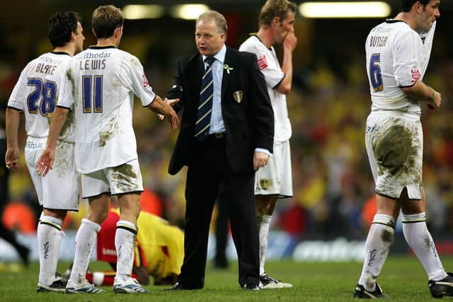 ONE GAME AWAY: Former Leeds United boss Kevin Blackwell consoles his players after the 3-0 defeat to Watford in the Championship play-off final of May 2006. Picture by Nick Potts/PA Wire.