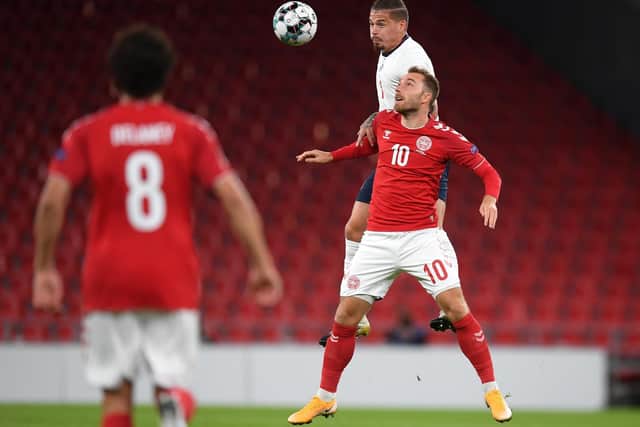 HIGHEST LEVEL - Phillips showed his aerial prowess in England's 0-0 draw with Denmark. Pic: Getty