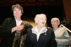 An emotional Diana Rigg embraces her former tutor Sylvia Greenwood at Kings Hall in Ilkley in May 2000. Mrs Greenwood taught Diana at Fulneck School in Pudsey.