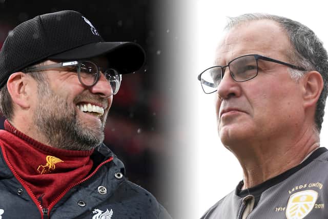 'CLASH OF CHAMPIONS': Liverpool boss Jurgen Klopp, left, and Leeds United head coach Marcelo Bielsa. Photo by George Wood/Getty Images.