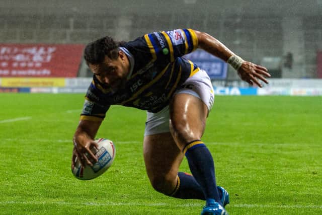 Konrad Hurrell scores Leeds' opening try against Giants. Picture by Bruce Rollinson.