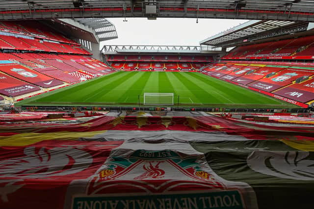 EMPTY: Liverpool's famous Anfield home will be without fans for Leeds United's Premier League return on Saturday evening. Photo by Andrew Powell/Liverpool FC via Getty Images.