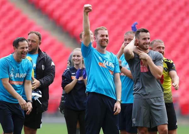 IT'S A BEAUTIFUL DAY: Simon Weaver celebrates his team's victory over Notts County at Wembley. Picture: Catherine Ivill/Getty Images
