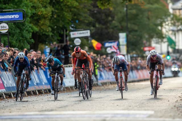 Last year's road world championships in Harrogate, riders sprint for the line with eventual champion Samuele Battistella (left), Tom Pidcock bronze medal (2nd right) and silver medal Stefan Bissegger (right) in the U23 mens road race  following the disqualification of dutch rider Nils Eekhoff. (3rd left). (Picture:  Bruce Rollinson)