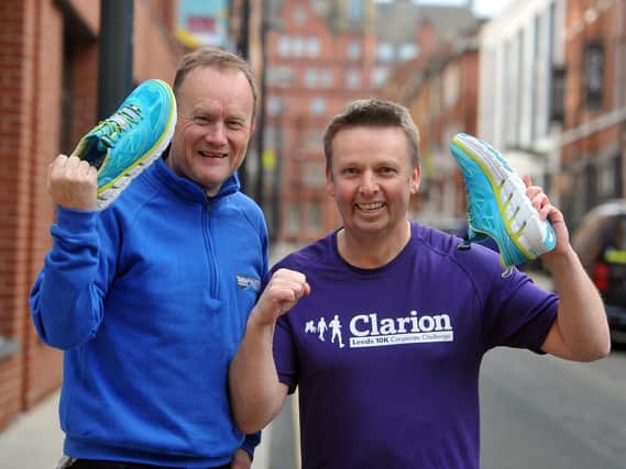 Run For All’s Mike Tomlinson and Clarion Partner Roger Hutton officially launch the 2018 Leeds 10K Clarion Corporate Challenge. Picture Tony Johnson