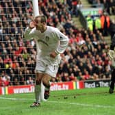 MIDFIELD MARVEL: Lee Bowyer doubles Leeds United's advantage in the 2-1 victory at Liverpool of April 2001, the club's last victory at Anfield. Photo by Alex Livesey/ALLSPORT