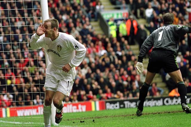 MIDFIELD MARVEL: Lee Bowyer doubles Leeds United's advantage in the 2-1 victory at Liverpool of April 2001, the club's last victory at Anfield. Photo by Alex Livesey/ALLSPORT