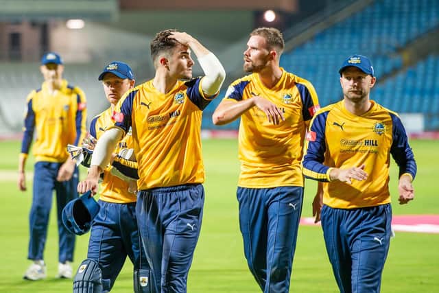 Roses defeat: Yorkshire's Jordan Thompson and team mates leave the field dejected after losing to Lancashire. Picture by Allan McKenzie/SWpix.com