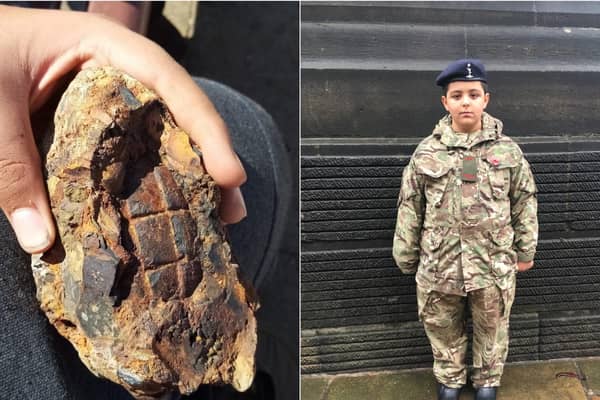 Azaan Jamil, 14, from Horsforth, found the WW1 grenade while digging for fossils. Pictured in his cadets uniform during the Leeds Remembrance parade.