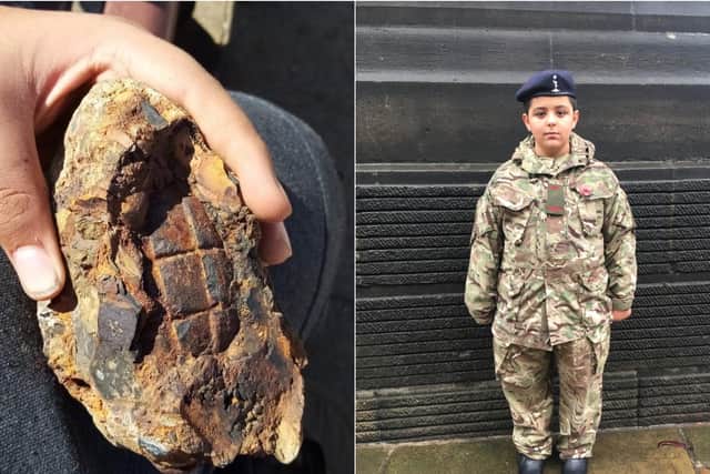 Azaan Jamil, 14, from Horsforth, found the WW1 grenade while digging for fossils. Pictured in his cadets uniform during the Leeds Remembrance parade.