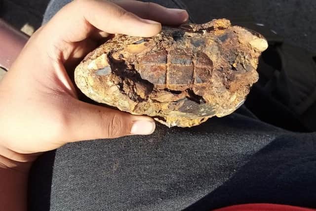 Azaan Jamil, 14, from Horsforth, found a WW1 hand grenade while looking for fossils during a family trip to the seaside.