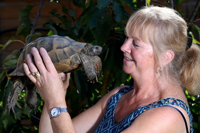 Fredaricka West pictured with her tortoise Freda, which is thought to be 120 years old.