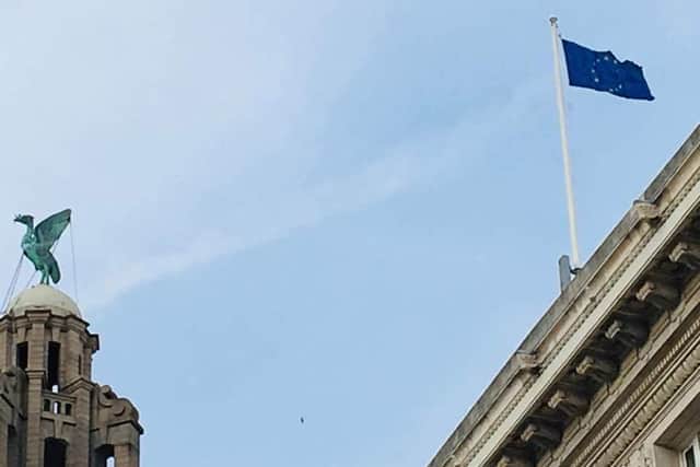 The EU flag being flown above Liverpool's Cunard Building on January 31
