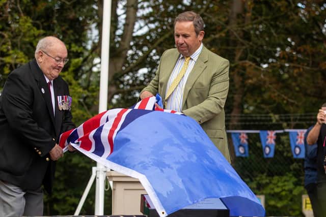 Flight Sergeant John Weetman (left) is pictured with Chris Makin as a new memorial is unveiled at the former RAF Church Fenton to commemorate the 80th anniversary of the Battle of Britain.