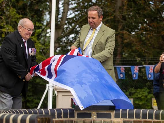 Flight Sergeant John Weetman (left) is pictured with Chris Makin as a new memorial is unveiled at the former RAF Church Fenton to commemorate the  80th anniversary of the Battle of Britain.