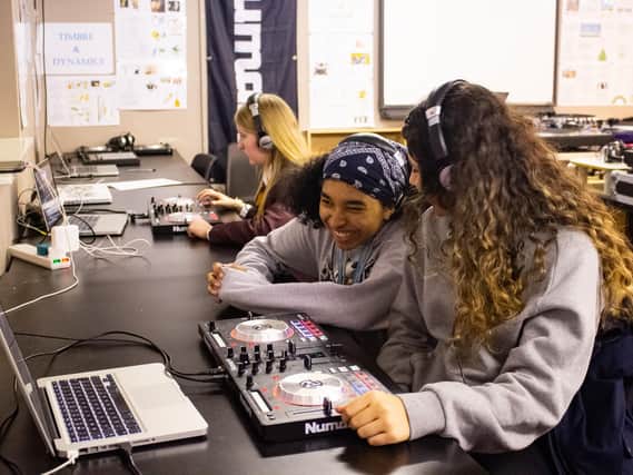 DJ School UK students in the Be HER'd DJ class, pictured from left: Bronte Leigh-Mcann, 15, Cara-Mia Cruise Brahm, 17 and Madison Hickinson, 15