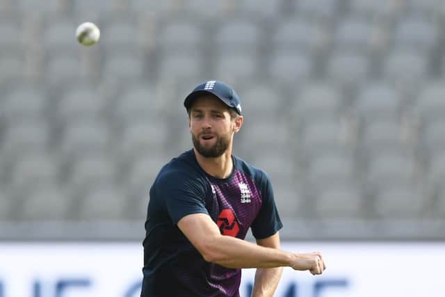 Chris Woakes during an England net session at Old Trafford. Picture: Gareth Copley/NMC Pool/PA