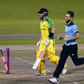 England's Chris Woakes celebrates taking the wicket of Australia's Aaron Finch during the second Royal London ODI match at Emirates Old Trafford Picture: : Shaun Botterill/NMC Pool/PA