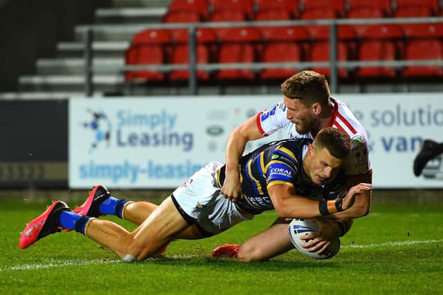 Ash Handley scores Rhinos' second try. Picture by Jonathan Gawthorpe.