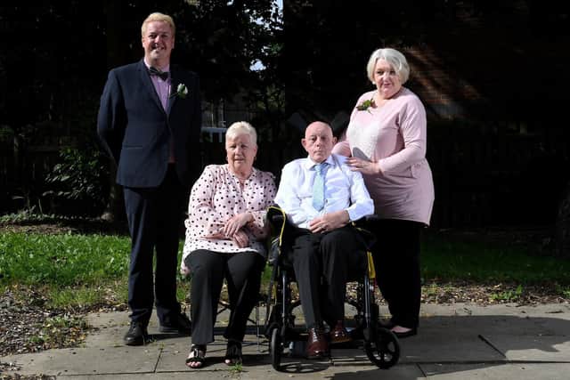 Newlyweds John and Mona Bassett pictured with Green Acres care home staff Paul Ratcliffe and Norma Bruce.
Picture: Simon Hulme