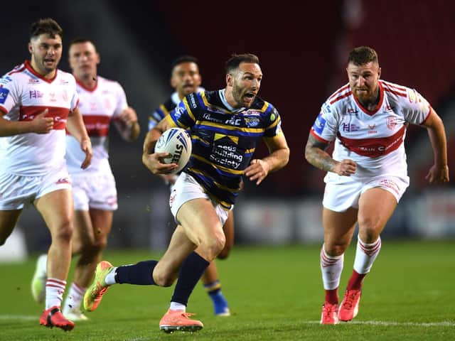 Leeds Rhinos' Luke Gale breaks through to set up Ash Handley's try in his side's Challenge Cup quarter-final win over Hull KR (PIC: JONATHAN GAWTHORPE)