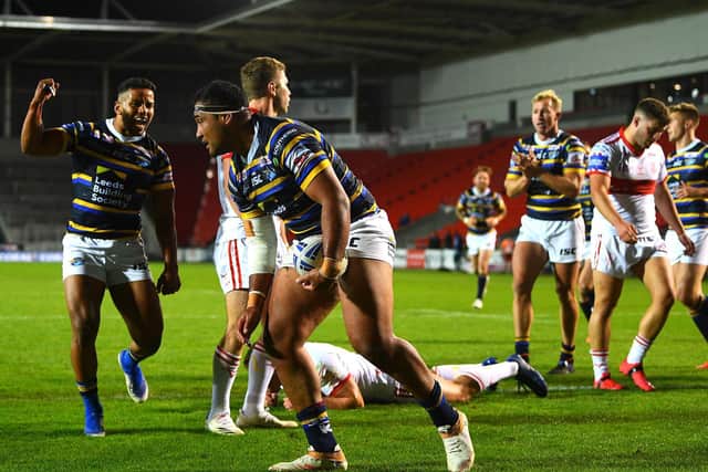 Ava Seumanufagai celebrates his try in the Cup win over Hull KR. Picture by Jonathan Gawthorpe.