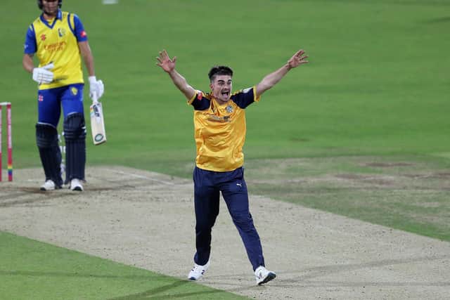 Yorkshire Vikings' Jordan Thompson celebrates taking the wicket of Durham's Brydon Carse. Picture: Martin Rickett/PA