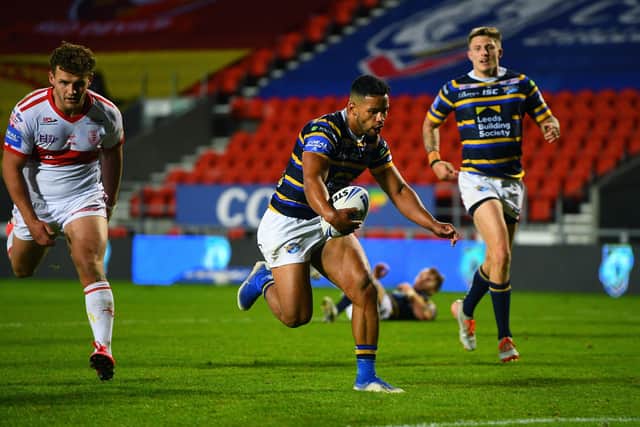 Leeds Rhinos' Kruise Leeming touches down in the Coral Challenge Cup quarter-final win over Hull Kingston Rovers. Picture: Jonathan Gawthorpe/JPIMedia.