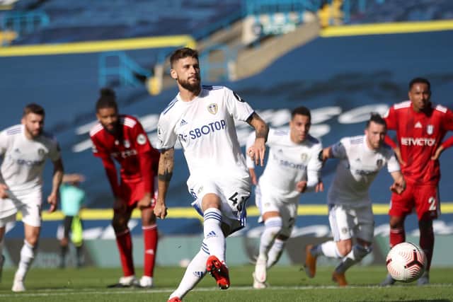SPOT ON: Mateusz Klich's penalty puts Leeds United 2-1 up in Saturday's 4-3 thriller at home to Fulham. Photo by Carl Recine - Pool/Getty Images.
